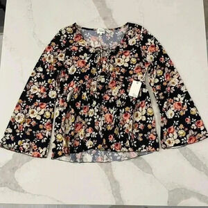Ava James NWT Black Floral Peplum Blouse Womens Medium TieFront Bell Sleeve Boho